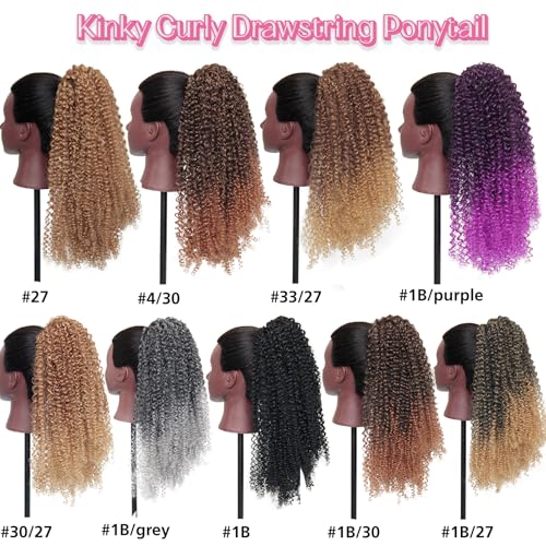 GOTEFERBE 18 Inch Kinky Curly Drawstring Ponytail Afro Hair Extension #1B
