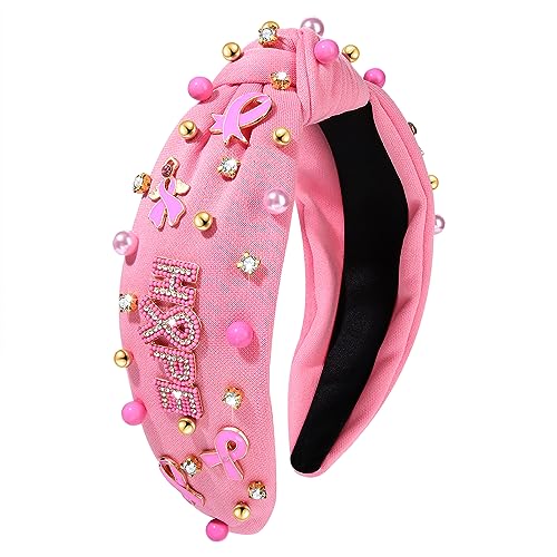 Beaded Hope Pink Ribbon Knotted Headband for Breast Cancer Awareness