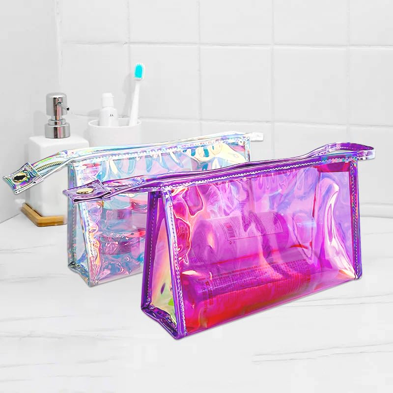 Pink Transparent Laser Cosmetic Bag - Iridescent Holographic PVC Makeup Organizer (10PCS)