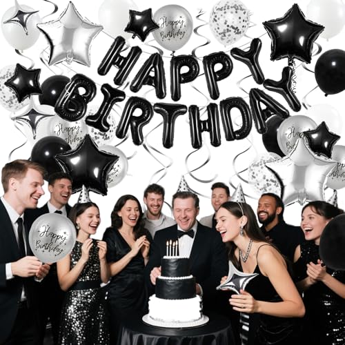 Black and Silver Birthday Decorations Set with Balloons & Banner