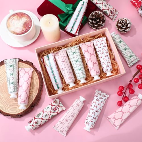 Dimsile 12 Pcs Pink Bow Christmas Hand Cream Gifts Set for Women - 6 Designs, 30ml Portable Moisturizers