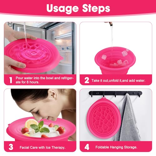 Amoner U Rose Face Ice Bowl with Built-in Ice Tray, Collapsible Silicone Facial Bath for Travel & Home Use