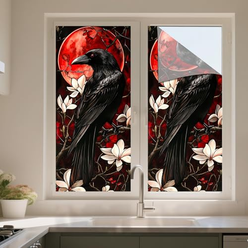 Raven and Magnolia Privacy Window Film | Stained Glass Cling 17.7 x 39.3 Inch