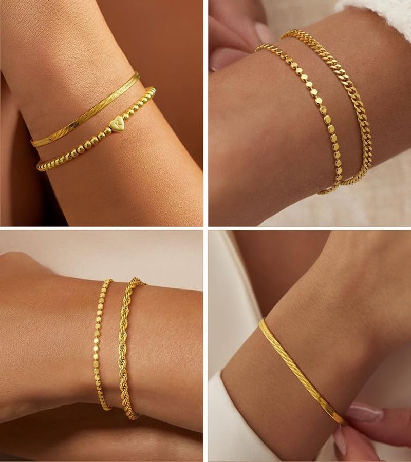 Gold Bracelets for Women - 14K Gold Plated Stackable Waterproof Set | Dainty Adjustable Heart Initial Charm Jewelry