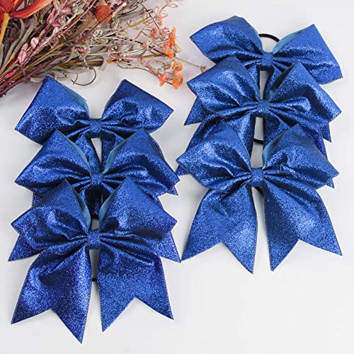 Royal Blue Glitter Cheer Hair Bows 6PCS - 7 Inch Large Sparkly Hair Accessories for Cheerleaders