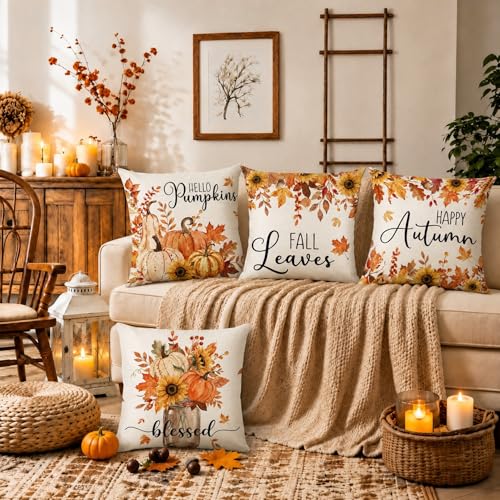 Fall Pillow Covers 18x18 Set of 4 - Rustic Pumpkin & Maple Leaves