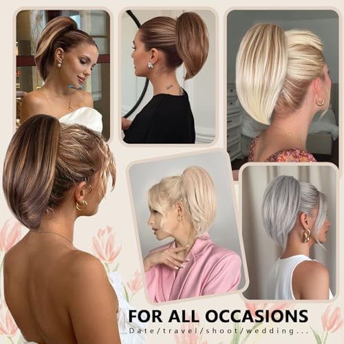 ZQIAN BEAUTY 10 Inch Short Straight Clip-On Ponytail Extension - Ash Blonde with White Highlights
