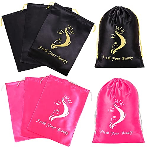 6 Pcs Satin Wig Storage Bags with Drawstring - Black & Pink Variations Included