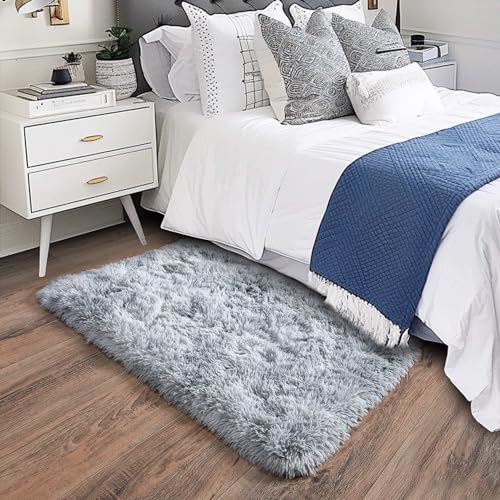 Fluffy Light Grey Area Rug 2x3 - Soft Shaggy Bedroom Carpet