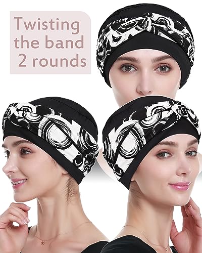 Alnorm Chemo Headwear Viscose Turban Hat for Women - White Black