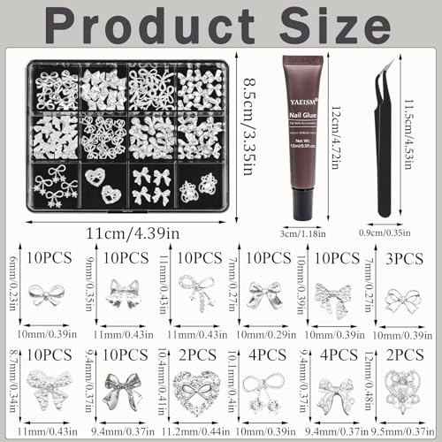 YAEISM Silver Bow Nail Charms Kit 92PCS for Manicure & DIY Nail Art