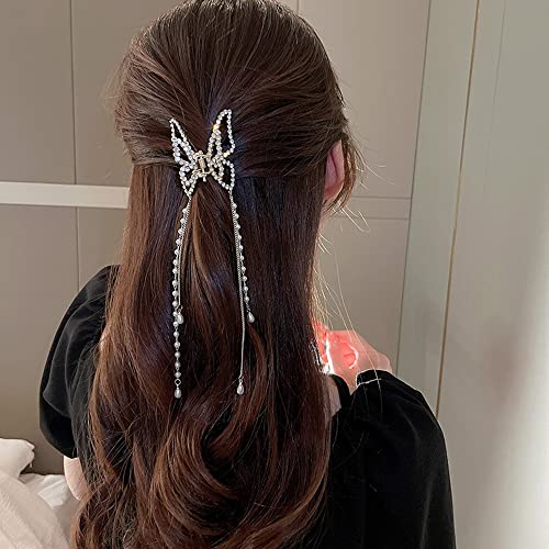 Gold Butterfly Hair Claw Clip with Pearl Chain Tassel - Elegant Hair Accessory for Women & Girls