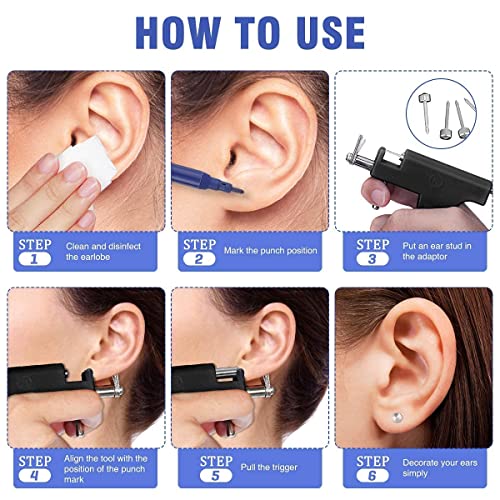 EOKOW Ear Piercing Gun Kit Black - Reusable Piercing Tool with 12 Color Diamonds, 10 S925 Silver Sticks, Stainless Steel & Safe Home Salon