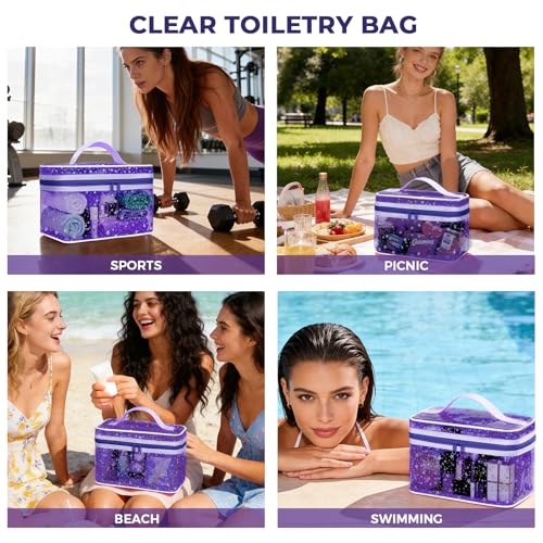 Junesters Clear Makeup Bag - Waterproof Travel Toiletry Organizer, Purple