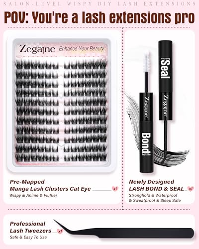 Zegaine Manga Cat Eye Lash Cluster Kit with Bond, Seal, and Tweezers