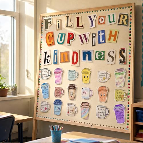 Fill Your Cup with Kindness Bulletin Board Set - 47 Pcs DIY Decor