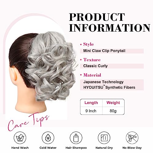 REECHO 9" Silver Grey Short Ponytail Extension - Loose Curly Claw Clip Hairpiece
