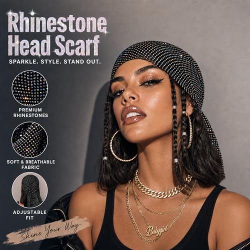 Colorful Black Rhinestone Head Scarf for Women - Sparkly Bling Turban