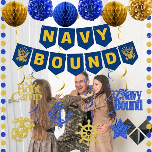 Navy Party Decorations Kit - Banner, Swirls, Pom-Poms & More
