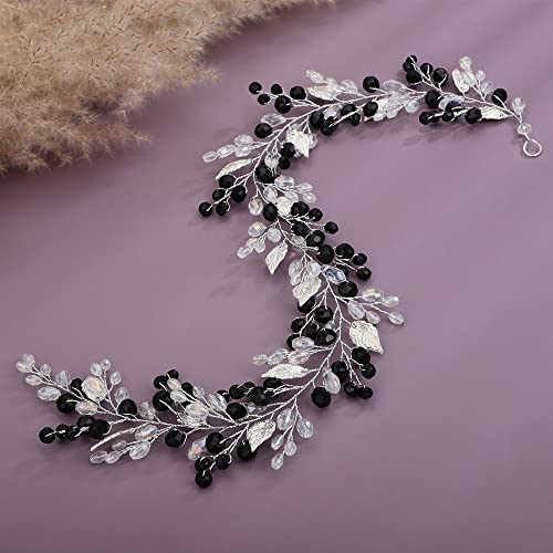 Black Crystal Bridal Hair Vine - Handmade Rhinestone Leaf Headband