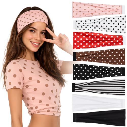Ztomine Women's Polka Dot Wide Elastic Headbands - 8 Pack Non-Slip Yoga & Workout Hair Bands in Red, White, Black, Nude & Brown