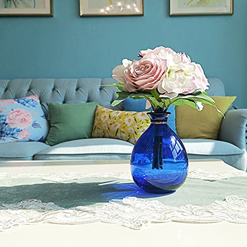 Small Blue Glass Vase for Flowers - Decorative Home Centerpiece
