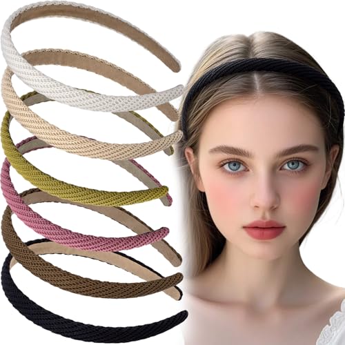 Incinkod 6 Pack Thin Non-Slip Knit Headbands for Women - Black, White, Khaki, Coffee, Pink, Yellow