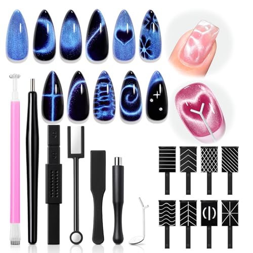 modelones Cat Eye Magnet Set, 15PCS Multi-Shape Nail Magnet for Cateye Gel Polish, Heart Moon Flower Square Effects with Bead-Attracting Nail Art Tool, UV/LED Lamp Required, DIY Nail Art