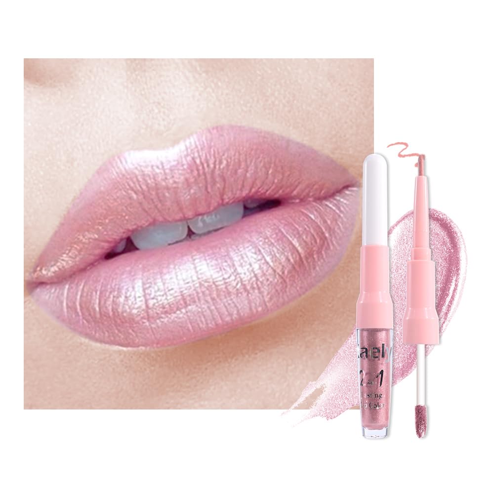 Dark Purple Red Metallic Glitter Lip Liner & Lipstick Combo - Long Lasting Waterproof Liquid Lipstick Set for Women | Iridescent Shine, Non-Stick Cup