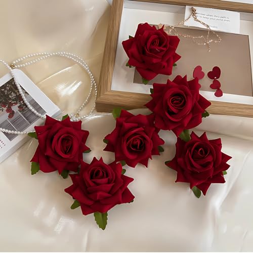 6Pcs Burgundy Rose Hair Clips & Brooch Set for Weddings and Parties