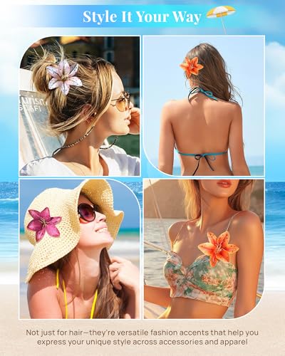 Hawaiian Flower Hair Clips with Rhinestones - 3 Pack