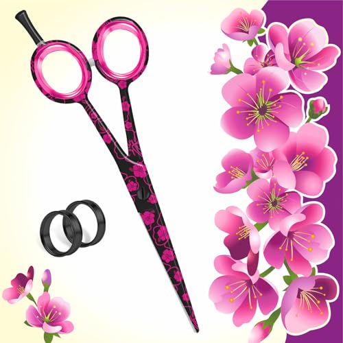Beauticone Pink Flower Hair Cutting Scissors 6.5" Salon Shears Professional Razor & Serrated Edge, Lightweight with Gift Box & Accessories