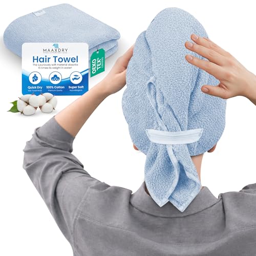 MAAXDRY 100% Cotton Hair Towel Wrap - Super Absorbent Turban for Hair Drying