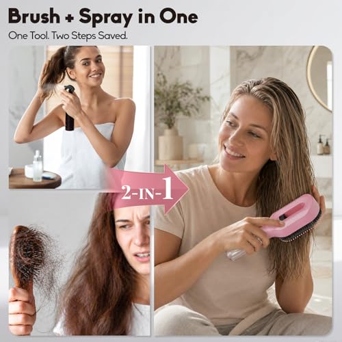 Spray Hair Brush with Fine Continuous Mist for Frizz & Static Control, 2-in-1 Detangling Hair Brush for Dry, Flyaway & Tangled Hair, Wet or Dry Styling Brush for Women, Pink