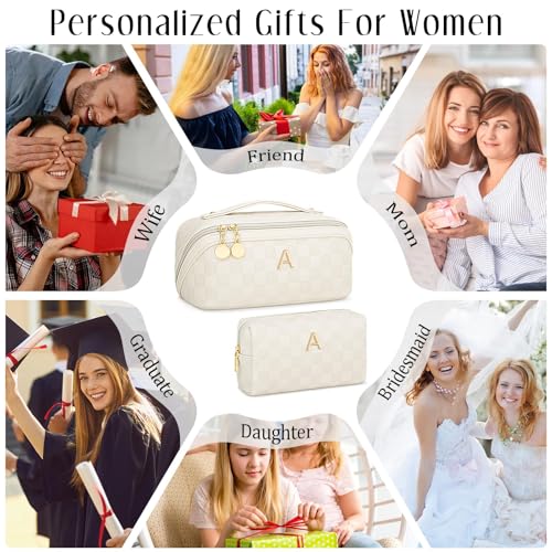 CLOUDWINGS Beige Initial Makeup Bag Set Travel Toiletry Organizer for Women