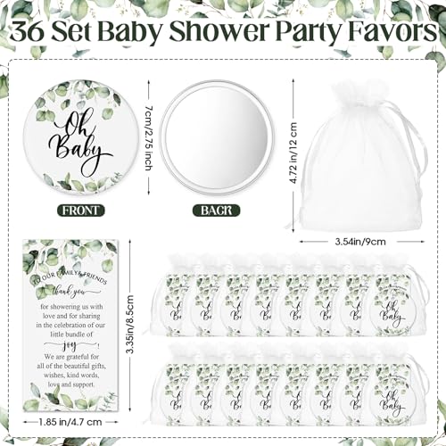 Baby Shower Favors Set with Compact Mirrors & Thank You Cards - Greenery Theme, Bulk 36 Sets - Baby