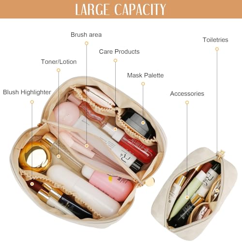 CLOUDWINGS Beige Initial Makeup Bag Set Travel Toiletry Organizer for Women