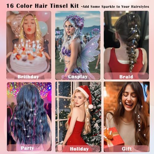 Hair Tinsel Kit - 16 Colors, 7600 Strands, 48 Inches Glitter Extensions