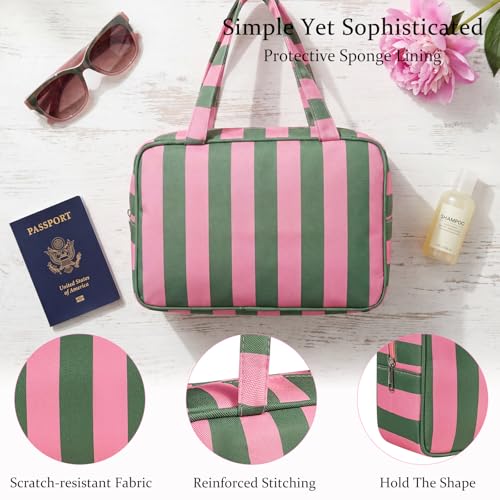 Large Stripe Travel Cosmetic Bag with Handle - Green Pink Variation