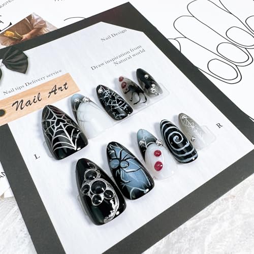 24pcs Halloween Almond Press On Nails with Spider Designs