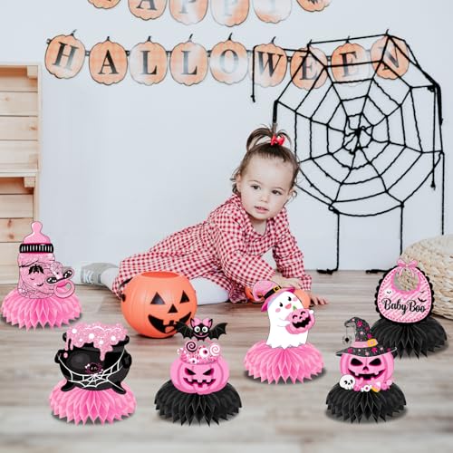 12Pcs A Little Boo Baby Shower Honeycomb Centerpieces - Pink Halloween Decorations