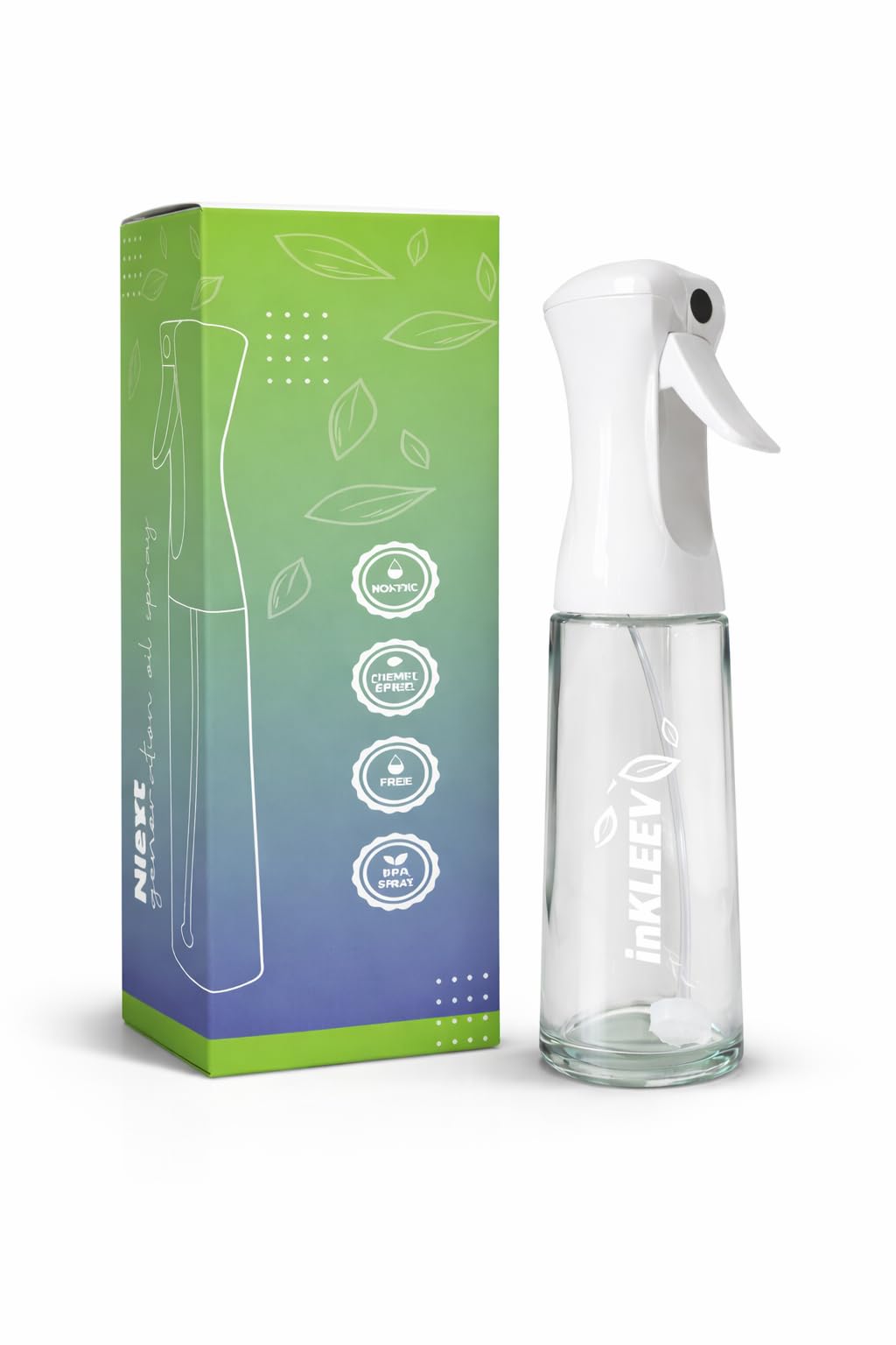 inKLEEV Mist Spray Bottle, Clear Glass Container with White Trigger Sprayer, Empty Refillable Dispenser for Home kitchen