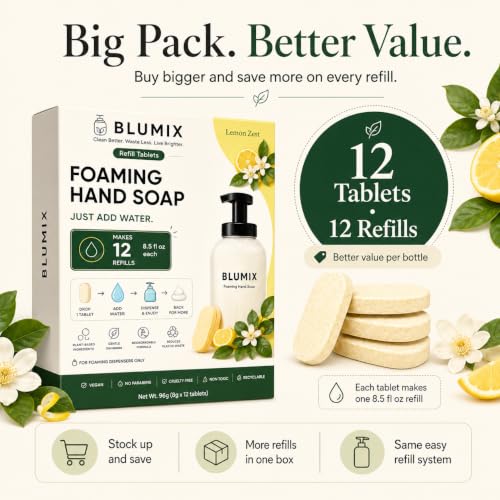 Blumix Lemon Foaming Hand Soap Refill Tablets - 12 Count, Just Add Water, Refill Only
