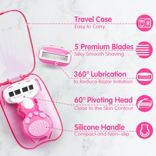 DreamGenius Travel Razors for Women, Travel Size Toiletries Include 1 Handle and 2 Cartridges, Extra Smooth 5-Blade Travel Essentials Razor with Case for Shaving, Pink