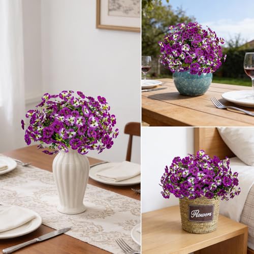12 Bundles of UV Resistant Artificial Pansy Flowers - Light Purple & Red