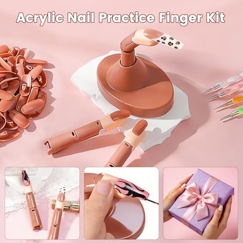 Difenni Brown Practice Finger Set for Acrylic Nails with Base Stand & 100 Nail Tips - Manicure Training Tool for Home & Salon