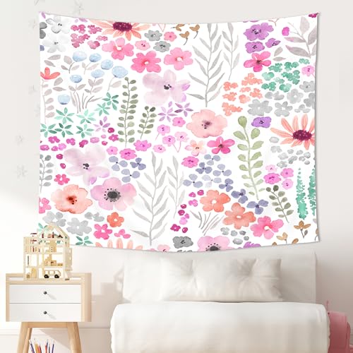 Purple Floral Tapestry - Watercolor Flowers Wall Hanging, 59x51 Inch