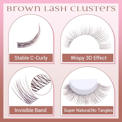 ZANLUFLY Natural Brown Lash Clusters Kit A-Natural Brown — 8-16mm DIY Eyelash Extensions with Bond, Seal, Tweezers