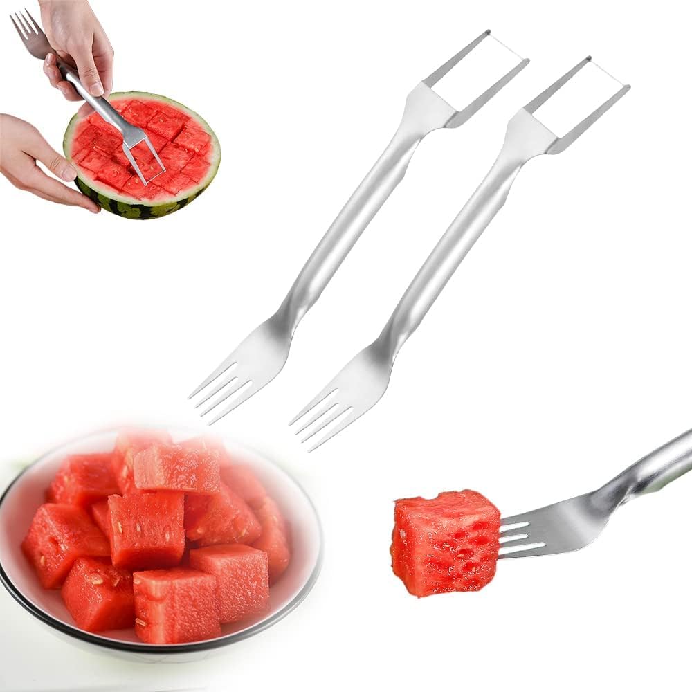 2-in-1 Stainless Steel Fruit Cutter, 2026 New Watermelon Fork Slicer Cutter Slicer Tool, Dual Head Fruit Forks Slicers Knife for Home Parties Camping (2Pcs)