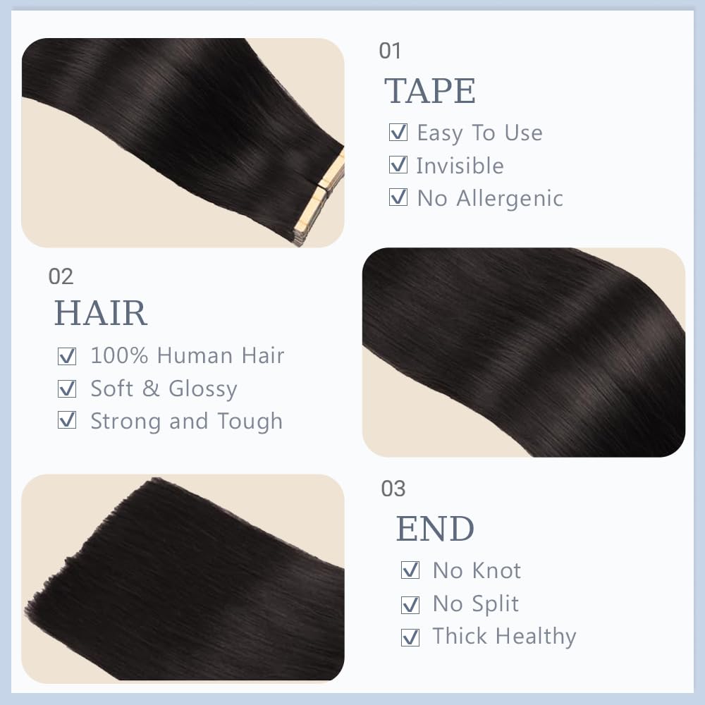 #1B Tape in Extensions Human Hair 24 Inch Natural Black Straight Tape in Seamless Extensions Real Human Hair Skin Weft Seamless Invisible Remy Hair 40g 10Pcs.